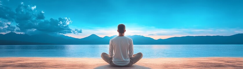 Fototapeta premium Serene coastal escape, man finds tranquility on a picturesque beach 
