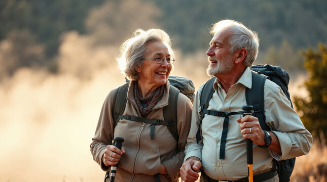 elderly couple hiking in a forest - Powered by Adobe