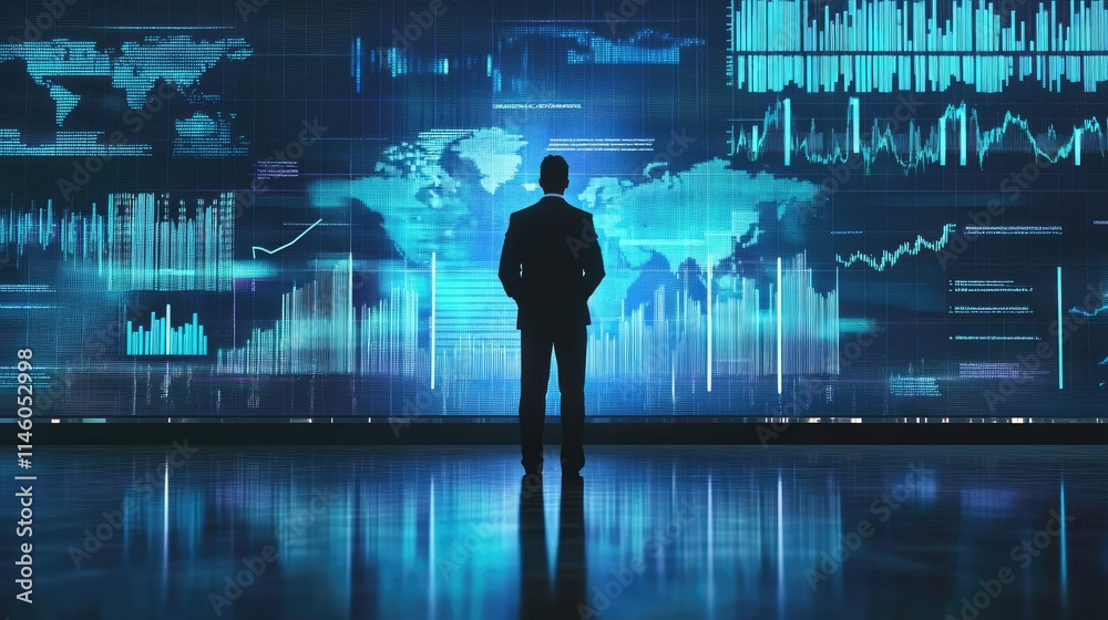 Poster businessman analyzing data in a modern office environment with digital world map and graphs on a hig