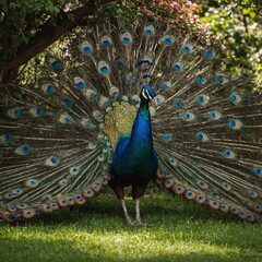 Obraz premium A peacock displaying its vibrant feathers in a lush garden.