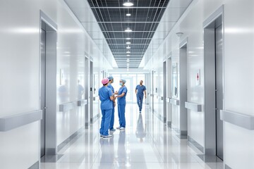 Modern hospital corridor with medical professionals discussing.