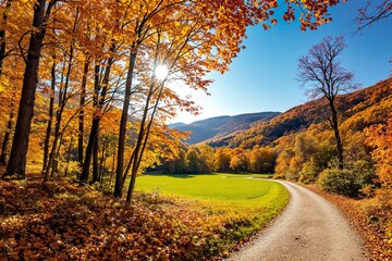 Naklejka premium Scenic autumn landscape with vibrant foliage and winding road.