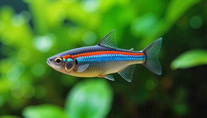 Neon tetra fish with glowing blue and red stripes in a clear aquarium filled with aquatic plants