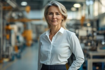 Fototapeta premium Confident businesswoman in a modern industrial setting, showcasing leadership and success.
