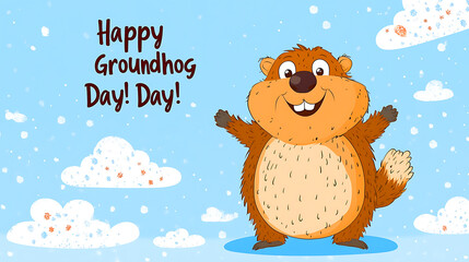 Cute Groundhog Celebrates Happy Groundhog Day. A cheerful, cartoonish groundhog stands amidst spring flowers, celebrating Groundhog Day.