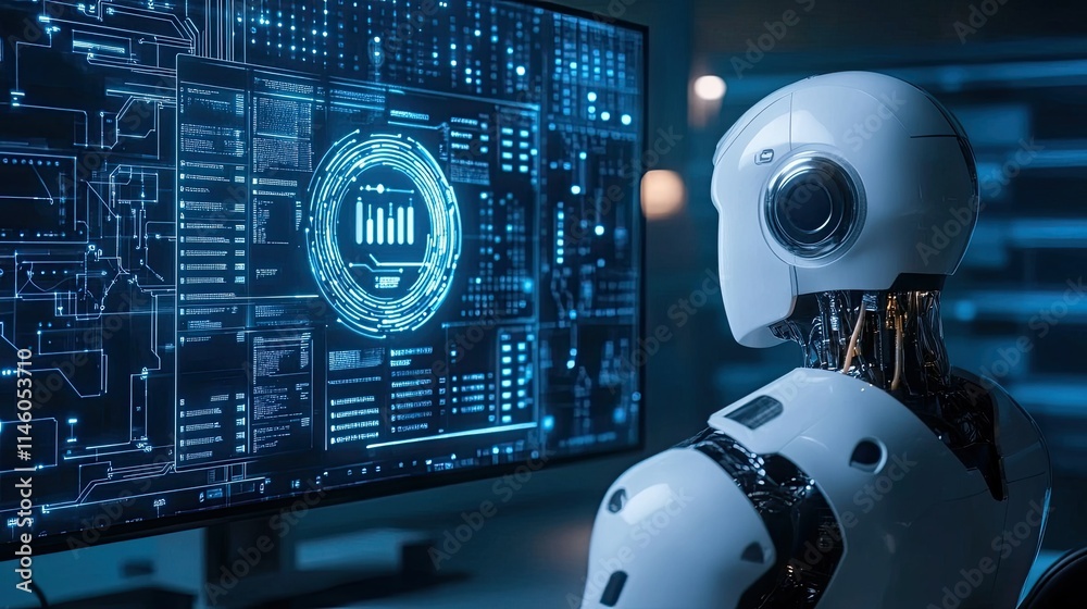 Poster futuristic robot analyzing data on a high-tech screen, showcasing artificial intelligence and advanc