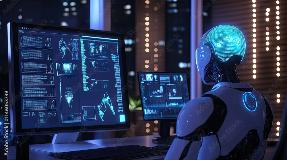 Poster futuristic robot analyzing data on multiple monitors in a high-tech environment with cityscape backg