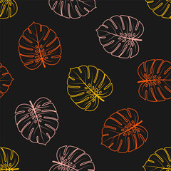 Seamless pattern with colorful outline monstera leaves
