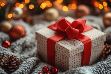 A gift box with a red bow on top of a soft blanket, ideal for wrapping presents or decorating a nursery