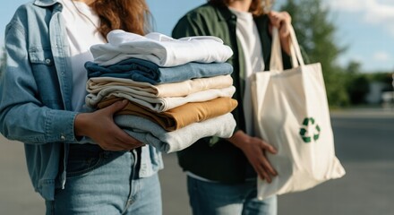 Young adults holding sustainable clothing and reusable bags outdoors