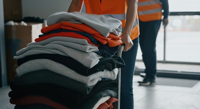 Volunteers sorting clothes for donation in warehouse environment