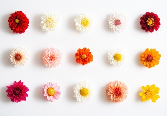 Colorful Arrangement of Fresh Flowers on a White Background Showcasing a Variety of Shapes, Sizes, and Textures Ideal for Floral Designs and Creative Projects