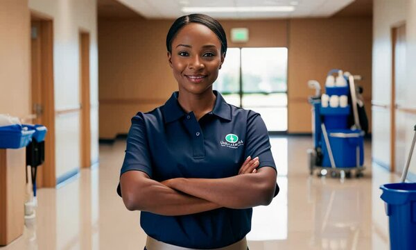 A professional cleaning staff member in a navy blue uniform stands confidently in a spotless hallway with arms crossed