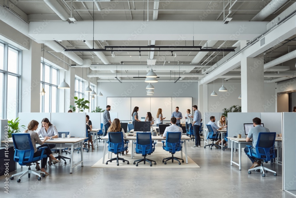 Poster modern office workspace with people collaborating and working.