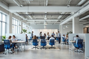 Modern office workspace with people collaborating and working.