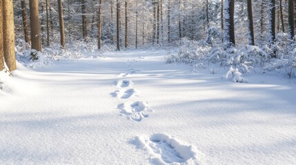 A Snow-Covered Forest with Animal Tracks in the Snow