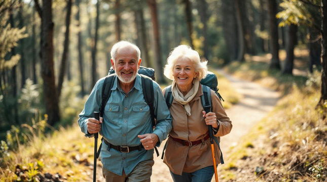 elderly couple hiking in a forest