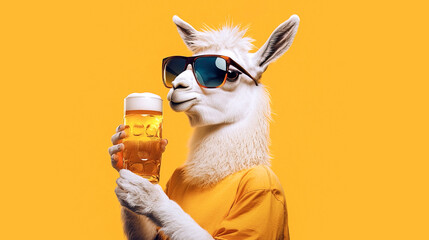 camel with glasses on a yellow background in a yellow summer shirt, drinking a beer