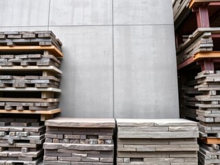 Pile of bricks, concrete blocks, and steel beams in textured patterns representing architectural development of building, construction, concrete, patterns