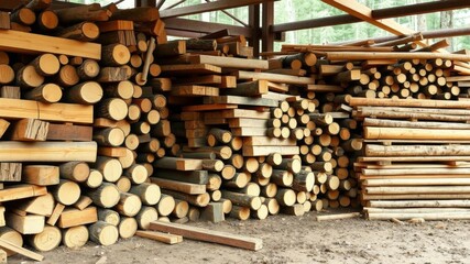 Pile of pine logs at sawmill ready for processing into boards, timber, pile, lumber