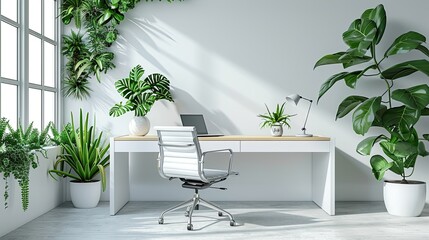 Modern office space with plants, desk, and chair, promoting a serene work environment.