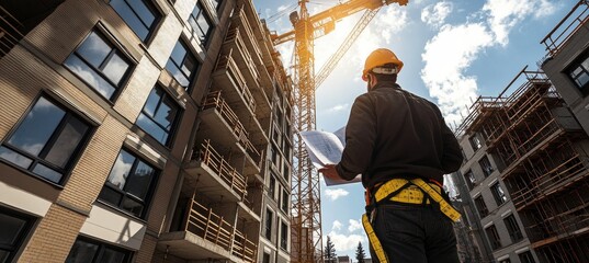 Construction Supervisor Reviewing Blueprints at Building Site with Crane Against Sunny Sky