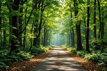 Obraz premium Serene forest path illuminated by sunlight filtering through trees.