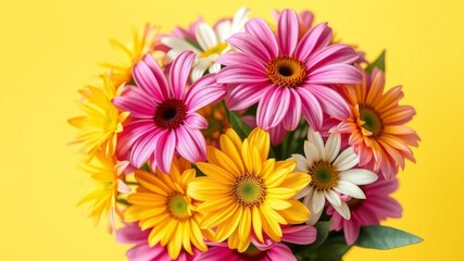 Obraz premium Pink and yellow flowers in a white background, background, fresh, petals