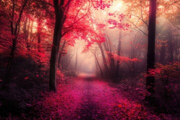A serene forest path covered with red leaves, perfect for nature photography or editorial use