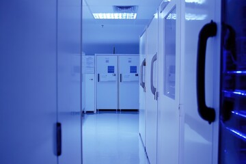 A long hallway with white cabinets and a clock on the wall