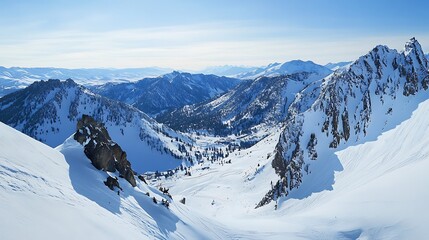 Snowy mountains dramatically ascend in wide outdoor landscape photo.. AI Generated