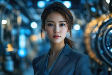 Obraz premium A young woman in a business suit stands confidently in a blurry industrial setting.