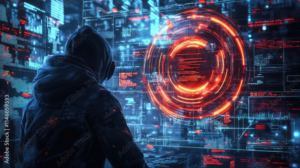 Poster futuristic hacker working with digital interface and glowing data visualization on screen, immersing