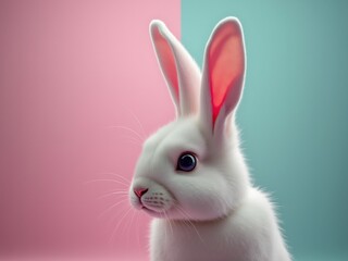 Obraz premium White rabbit posing on pink and turquoise background