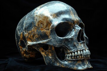 A close-up shot of a skull against a dark, black background