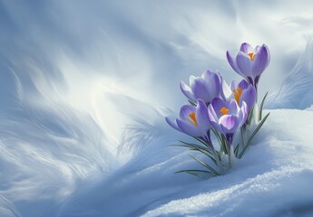 Delicate Crocus Blooms Emerging from Snowy Landscape in Early Spring Light Capturing the Essence of Renewal and Nature's Resilience in a Beautiful Setting