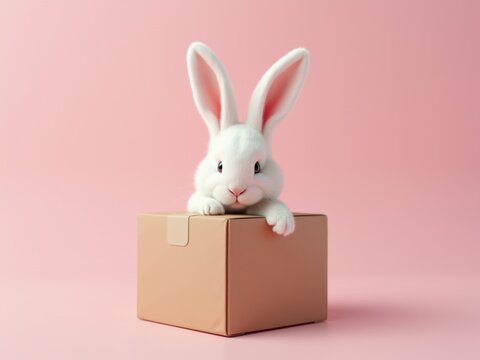 White easter bunny peeking over cardboard box on pink background