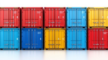 Fototapeta premium A vibrant arrangement of shipping containers in red, blue, and yellow, stacked neatly, showcasing industrial design and color contrast.