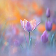 Fototapeta premium Delicate Tulip Bloom Against a Soft Pastel Background in a Serene Garden Reflecting the Beauty of Nature's Spring Colors and Gentle Light Play