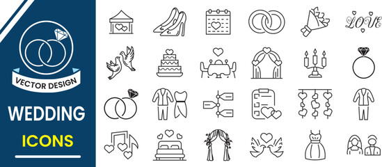 Fototapeta premium Wedding icon set. Wedding line icon, element, marrying, ceremony line icons, bride, groom, couple, love, marriage icon. Vector illustration.