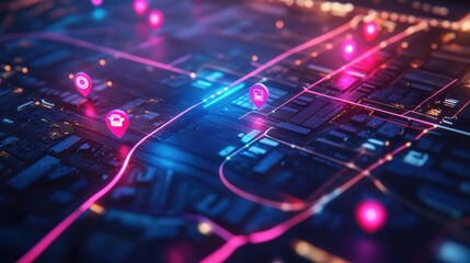 Fototapeta premium Futuristic Navigation Map with Vibrant Markers Indicating Points of Interest in a Neon-Illuminated Urban Landscape at Night