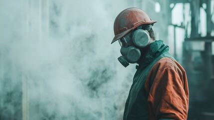 Obraz premium Industrial worker in protective gear handling asbestos, symbolizing safety and hazard management.