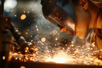 A female welder intensely focuses on her work, sparks flying from the welding process.