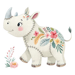 Fototapeta premium Cartoon rhinoceros with flower cute 