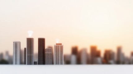 Fototapeta premium A city skyline at sunset with modern skyscrapers and a soft, blurred background, creating a serene urban atmosphere.