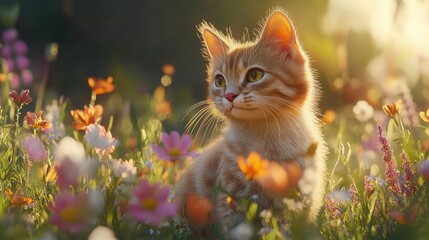 Kitten in a flower field. Selective focus.