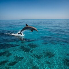 Obraz premium A dolphin leaping out of turquoise water, framed by a soft blue horizon.