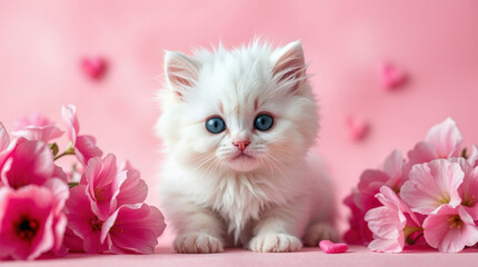 A fluffy white kitten with pink flowers