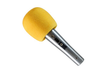 Metal handheld microphone with yellow foam windscreen cutout on white