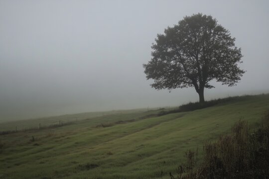 A single tree stands out in a foggy field, with misty atmosphere